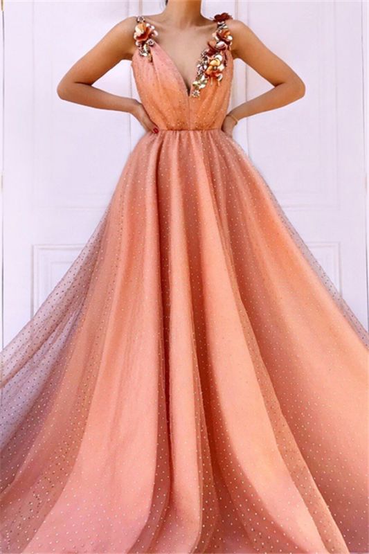 Orange Flower Appliques Straps Sleeveless Tulle  Prom Dress