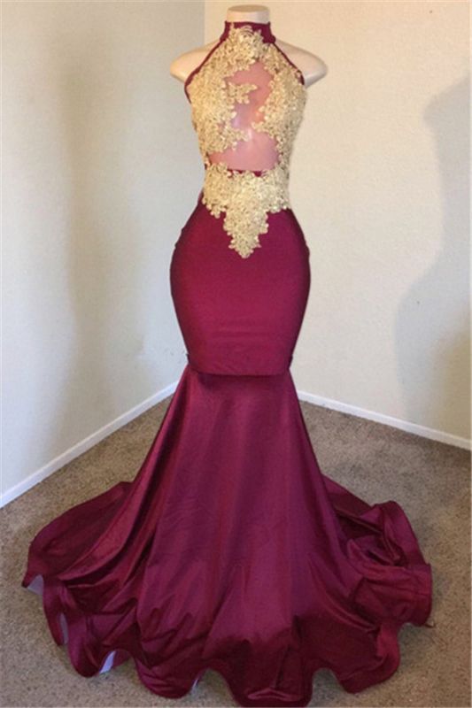 Burgundy High Neck Appliques Sleevless Mermaid Long Prom Dresses