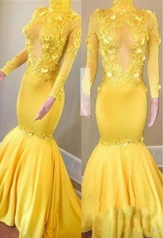 Apliques de flores de cuello alto amarillo sirena manga larga vestidos de baile