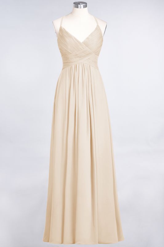 Elegant Princess Chiffon Spaghetti-Straps V-Neck Sleeveless Floor-Length Bridesmaid Dress with Ruffles