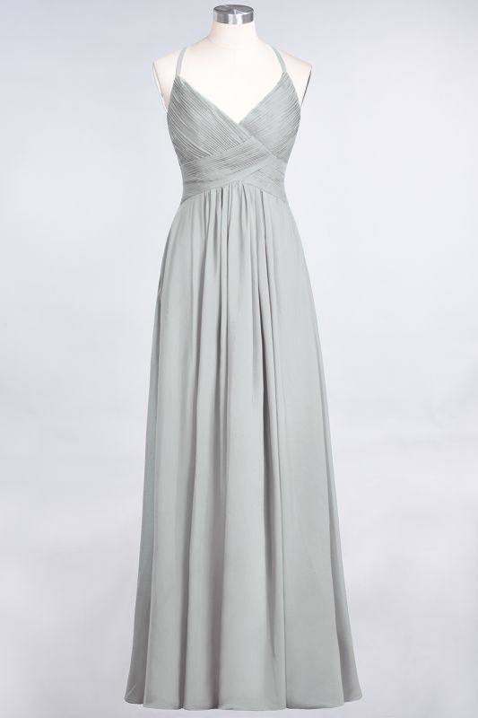 Elegant Princess Chiffon Spaghetti-Straps V-Neck Sleeveless Floor-Length Bridesmaid Dress with Ruffles
