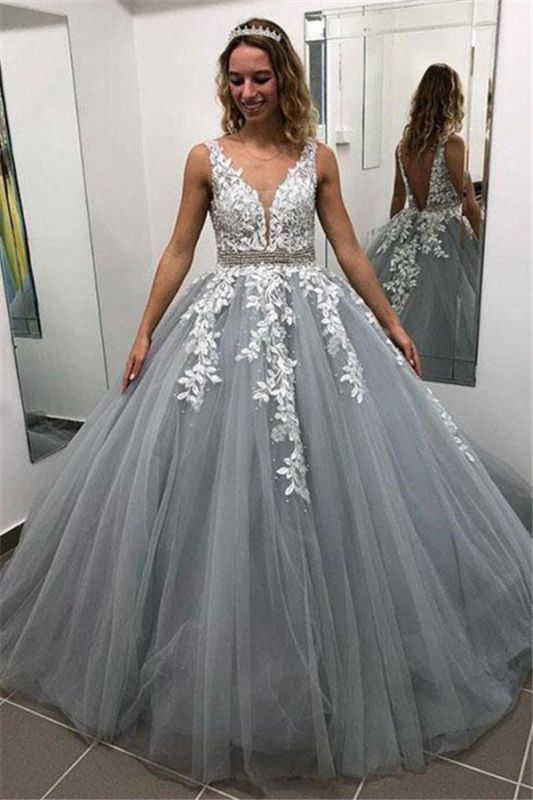 Elegant Crystal Apppliques Simple Ball Gown Prom Dresses | A-Line Sleeveless Backless Evening Dresses