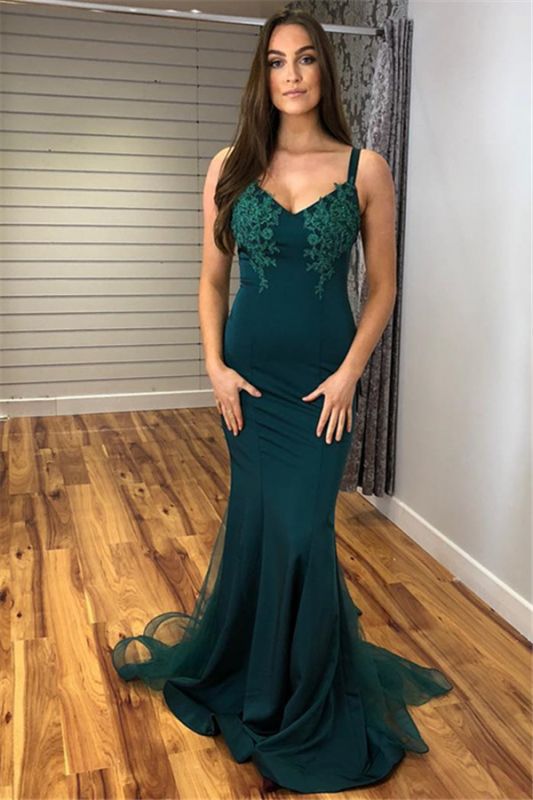 Glamorous Straps Appliques V-Neck Mermaid Prom Dresses