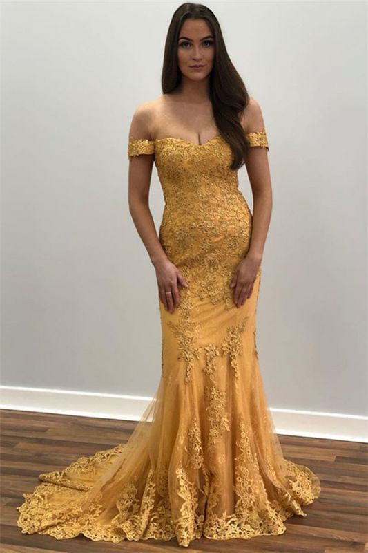 Yellow Off-The-Shoulder Appliques Tulle Mermaid Prom Dresses