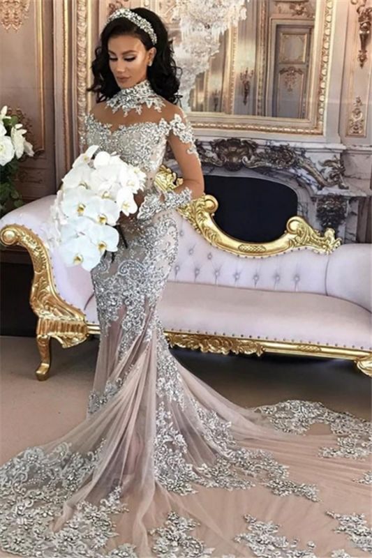 Langarm Silber High Neck Beliebte Abendkleider | Sexy Meerjungfrau Luxus Brautkleider BH-362