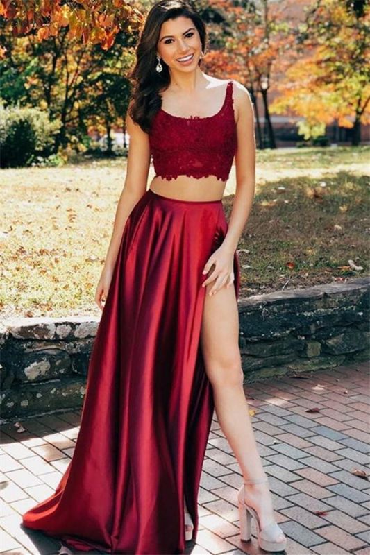 Burgundy Straps Side-Slit Sleeveless Two-Piece A-Line Prom Dresses