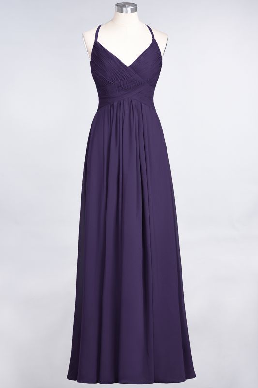 Elegant Princess Chiffon Spaghetti-Straps V-Neck Sleeveless Floor-Length Bridesmaid Dress with Ruffles