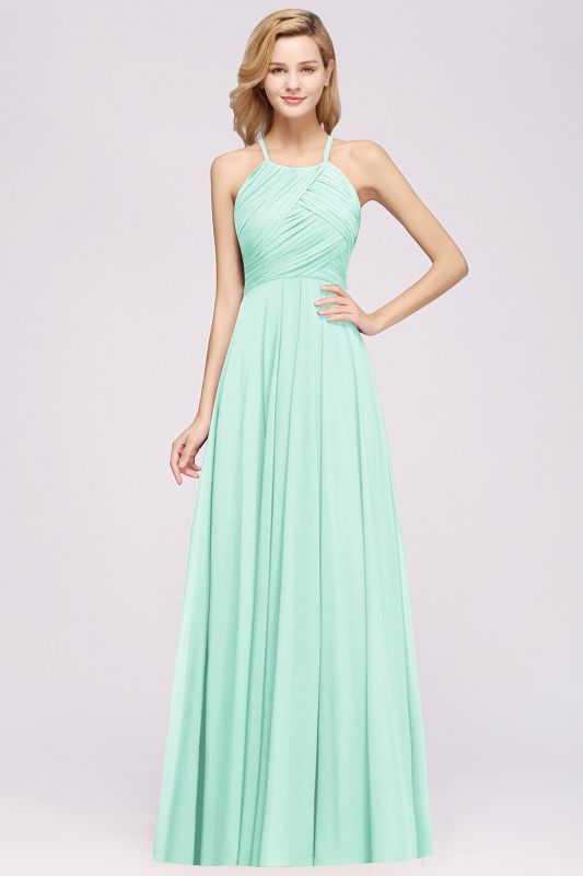 Halter Pleated Bridesmaid Dress Chiffon Sleeveless Floor Length Wedding Guest Dress