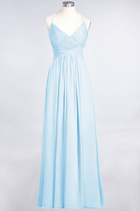 Elegant Princess Chiffon Spaghetti-Straps V-Neck Sleeveless Floor-Length Bridesmaid Dress with Ruffles