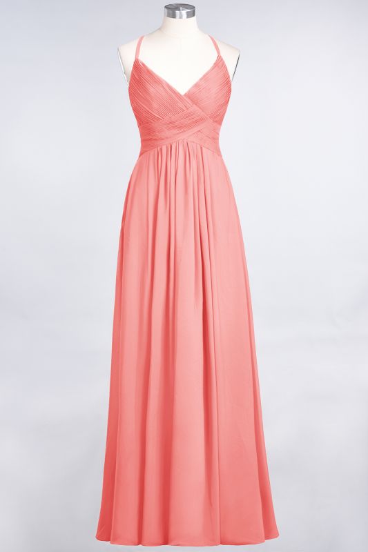 Elegant Princess Chiffon Spaghetti-Straps V-Neck Sleeveless Floor-Length Bridesmaid Dress with Ruffles