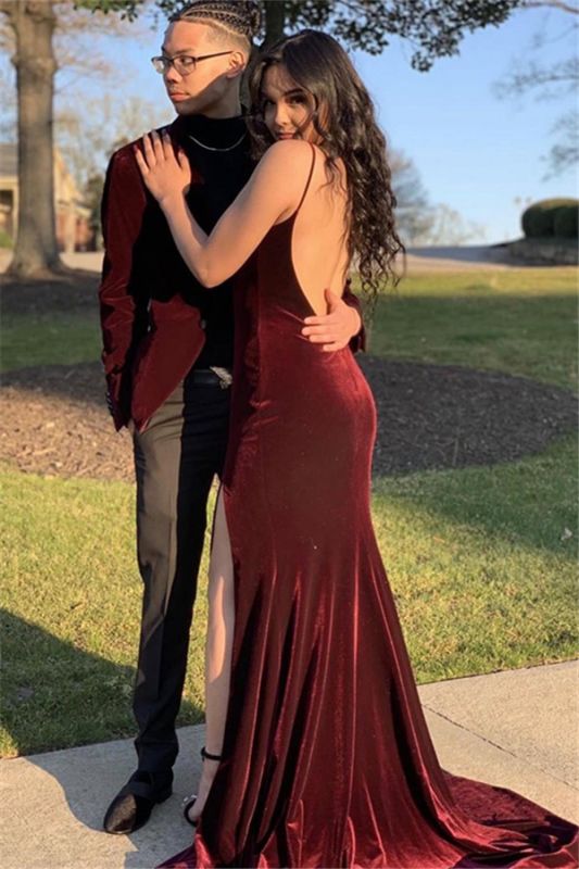 Sexy Burgundy Spaghetti-Straps Backless Side-Slit Velvet Mermaid Prom Dresses