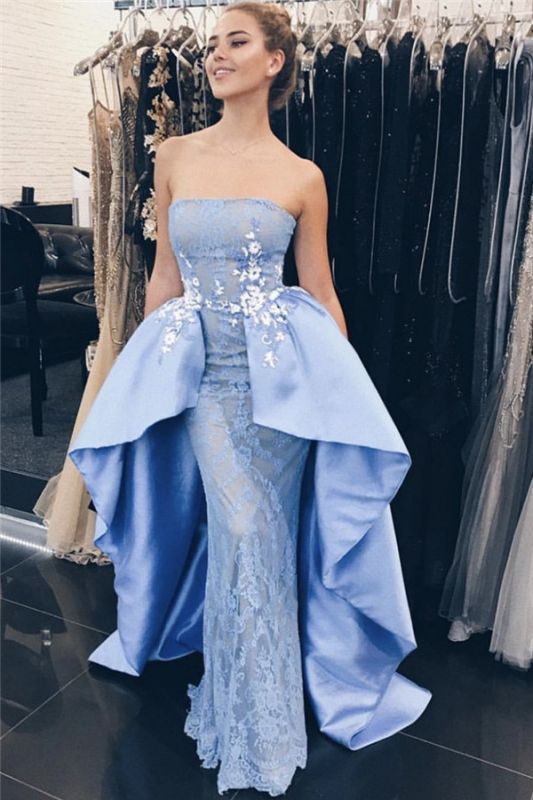 Elegant Blue Lace Appliques Strapless Overskirt Mermaid Prom Dresses
