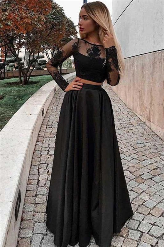 Black Sheer Tulle Long Sleeves Two-Pieces A-Line Prom Dresses