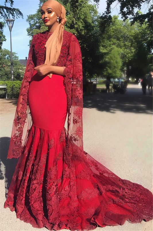 Burgundy Lace Appliques Jewel Neck Long Sleeves Mermaid Prom Dress