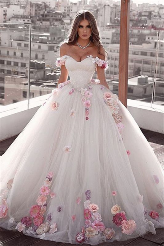 Gorgeous Off The Shoulder Flowers Bridal Gowns |  Fluffy Tulle Ball Gown Wedding Dresses