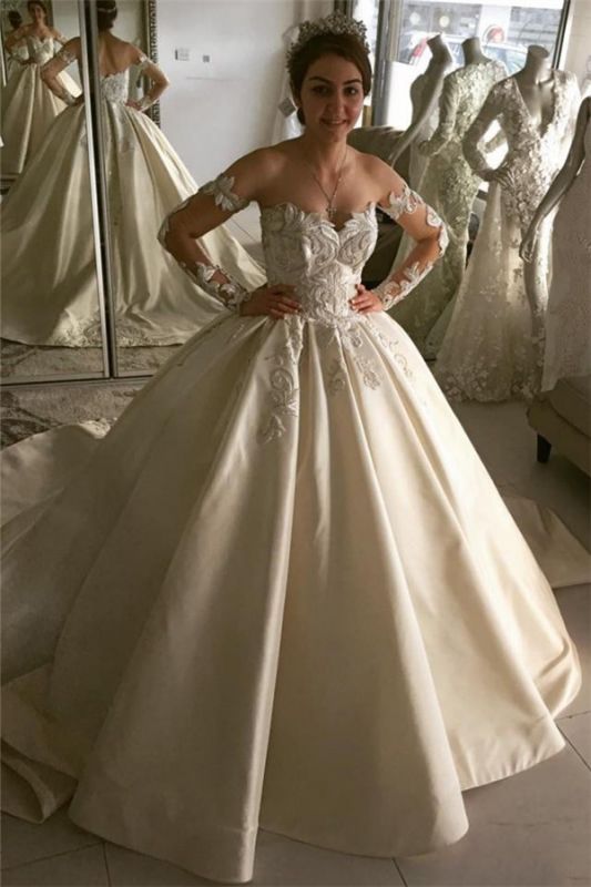 Long Sleeve Lace Appliques Elegant Princess Ball Gown Wedding Dresses