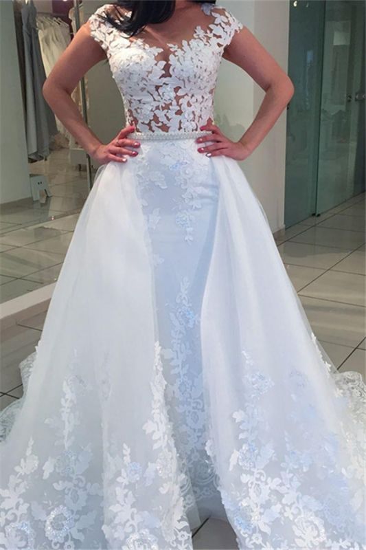 White A-Line Romantic Cap Sleeve Bridal Gowns | Lace Wedding Dresses  Online