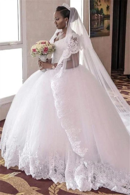 Cap Sleeve Tulle  Online Long Gorgeous New Arrival Lace Appliques Elegant Ball Gown Wedding Dresses