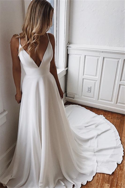 Sexy Simple Spaghetti Straps Satin Bridal Gowns | Open Back  Beach Wedding Dresses