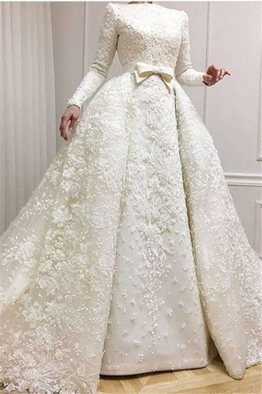 Vestidos de novia de lujo con apliques de encaje, mangas largas, joya, vestido de bola con sobrefalda CD0071