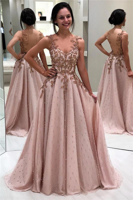 Elegant Appliques Beaded Sleeveless Backless A-Line Prom Dresses