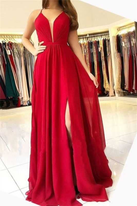 Sexy Halter Sleeveless Open-Back Side-Slit A-Line Prom Dresses