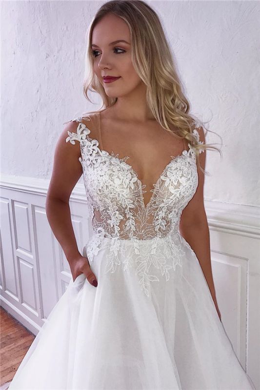 Bretelles élégantes appliques pure Tulle robes de mariée dos nu