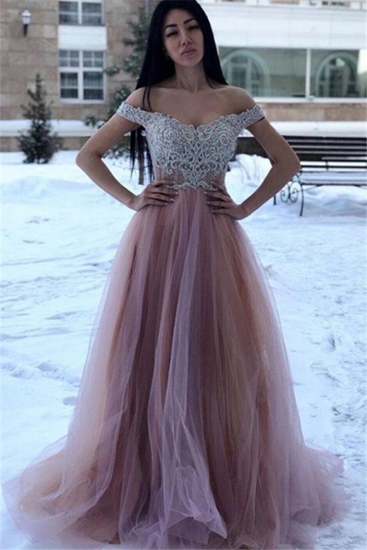 Glamorous Off-The-Shoulder Appliques A-Line Tulle Prom Dresses