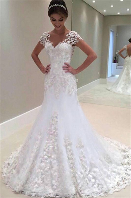 Cap Sleeve Lace Appliques Wedding Dresses | Sheath Elegant Bridal Gowns Cheap Online