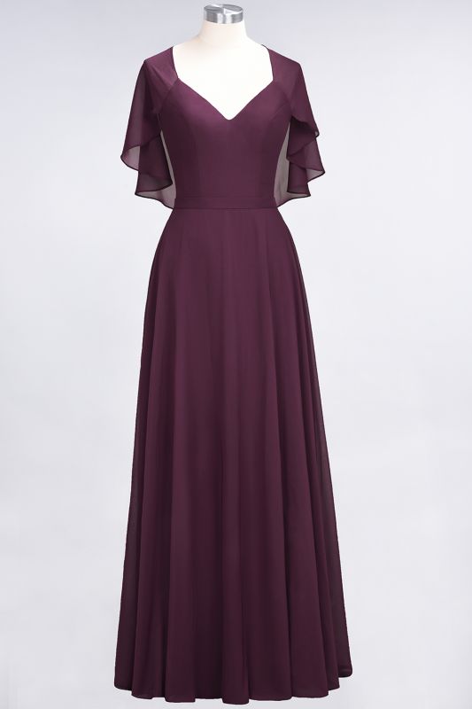 Elegant Princess Chiffon Satin V-Neck short-sleeves Floor-Length Bridesmaid Dress