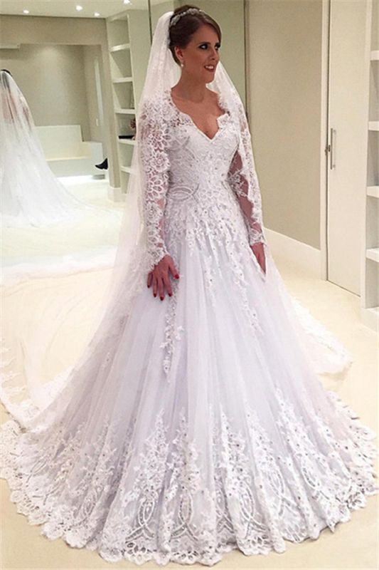 A-Line Tulle Elegant Lace Appliques Custom Made V-Neck Beadings Long Sleeve Wedding Dress