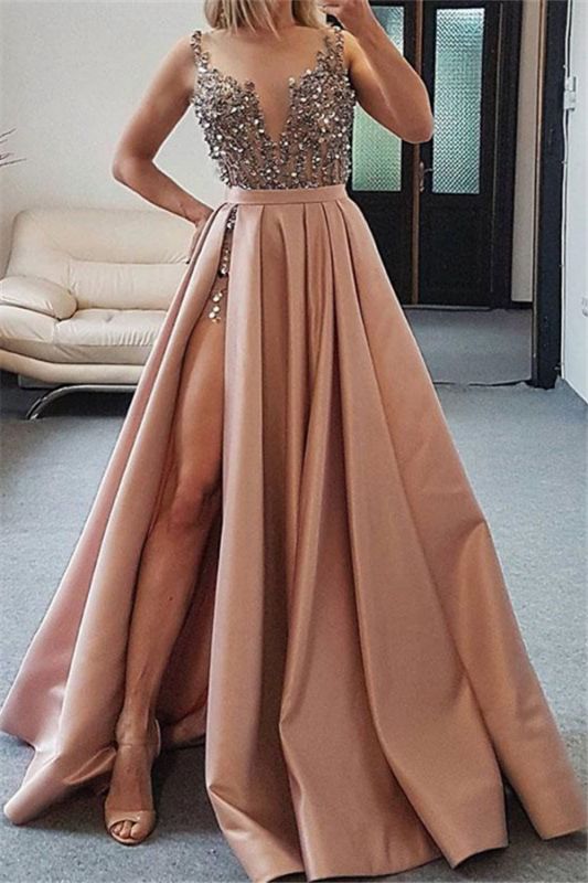 Elegant Straps Crystal Side-Slit A-Line Prom Dresses