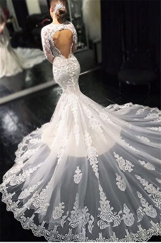 Elegantes apliques de encaje mangas largas vestidos de novia de sirena