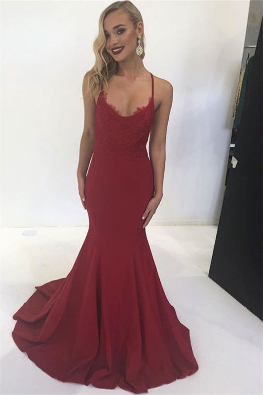 Burgundy Spaghetti-Straps Sleeveless Mermaid Prom Dresses