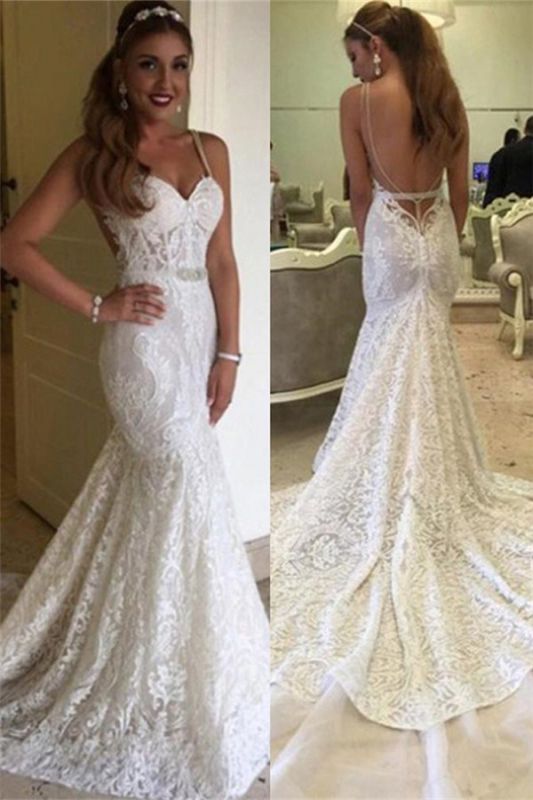 mermaid lace wedding dress with spaghetti straps