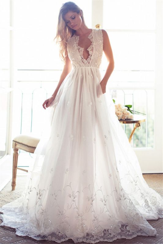 A-Line Sleeveless Gorgeous Princess Lace Custom Made V-Neck Wedding Dresses