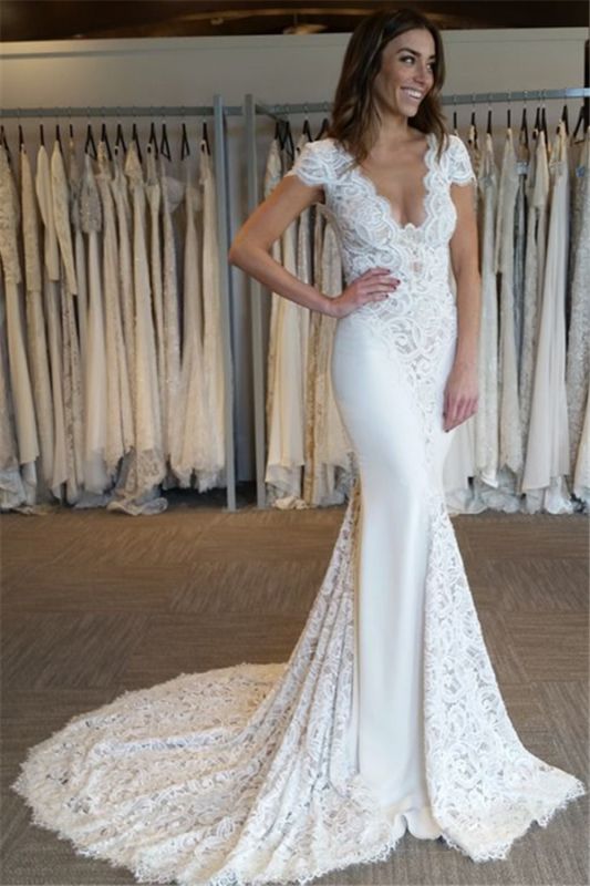 Court Train Lace Appliques V-Neck Elegant Cap Sleeves Mermaid Wedding Dresses  Online