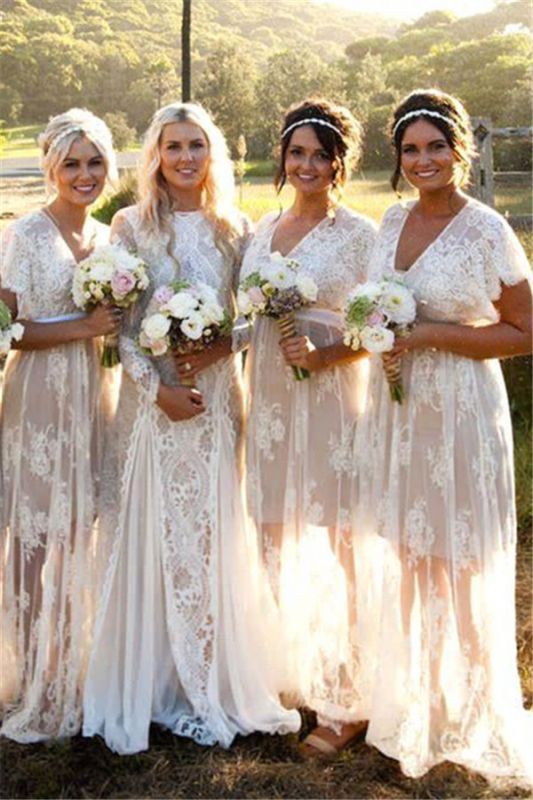 Sheer Capped-Sleeves Elegant V-Neck Lace Long Bridesmaid Dresses