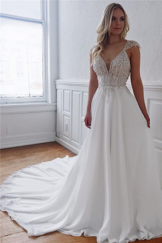 Sexy V-neck Chiffon Wedding Dresses with Beads | Open Back Appliques  Bridal Gowns