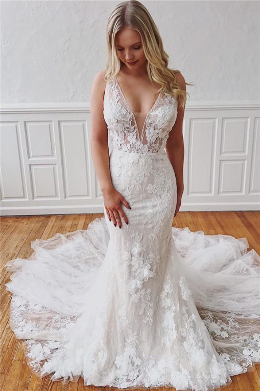 Sexy V-Neck Lace Bridal Gowns  | Detachable Mermaid Wedding Dresses Online