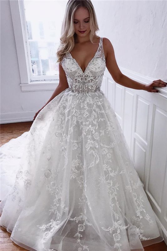 Amazing Straps Crystals Belt White Wedding Dresses |  V-Neck Appliques Lace Bridal Gowns