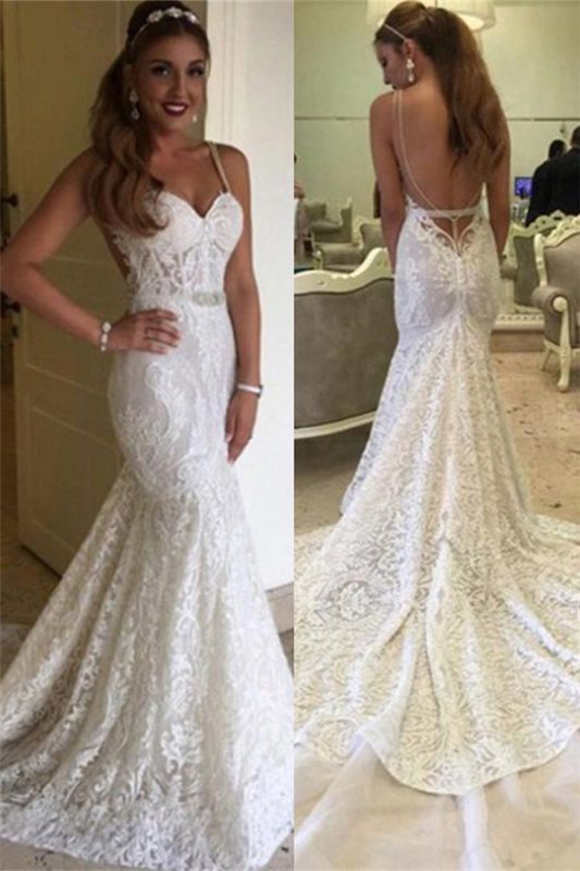 Backless Spaghetti Straps Elegant Mermaid Lace Wedding Dresses  Online