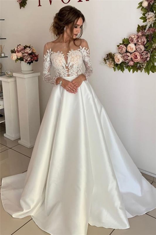 Stunning Long Sleeve Satin Wedding Dresses | Appliques  A-Line Simple Bridal Gowns
