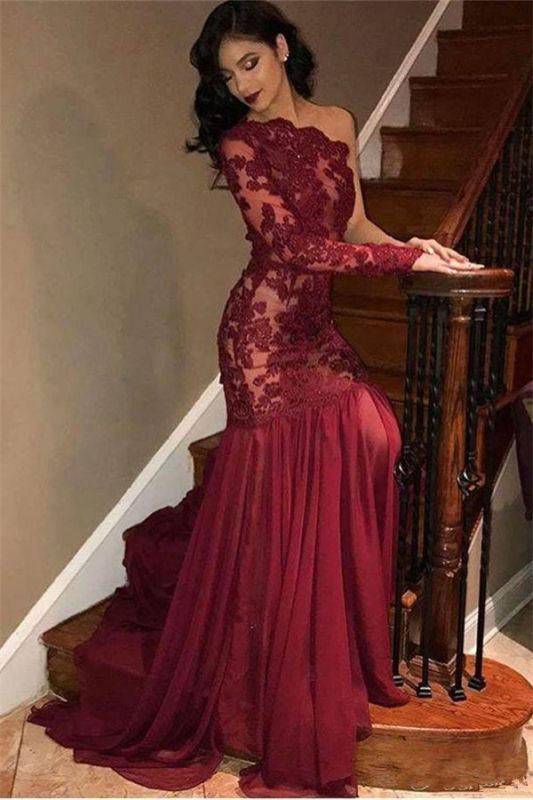 Sexy Tulle Lace One-Shoulder Long Sleeve Burgundy Evening Dress