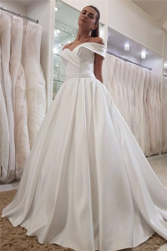 Simple Off The Shoulder Sweetheart Sleeveless Ruffles  Satin Wedding Dresses