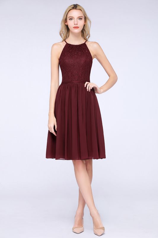 A-line Chiffon Lace Jewel Sleeveless Knee-Length Bridesmaid Dresses with Ruffles