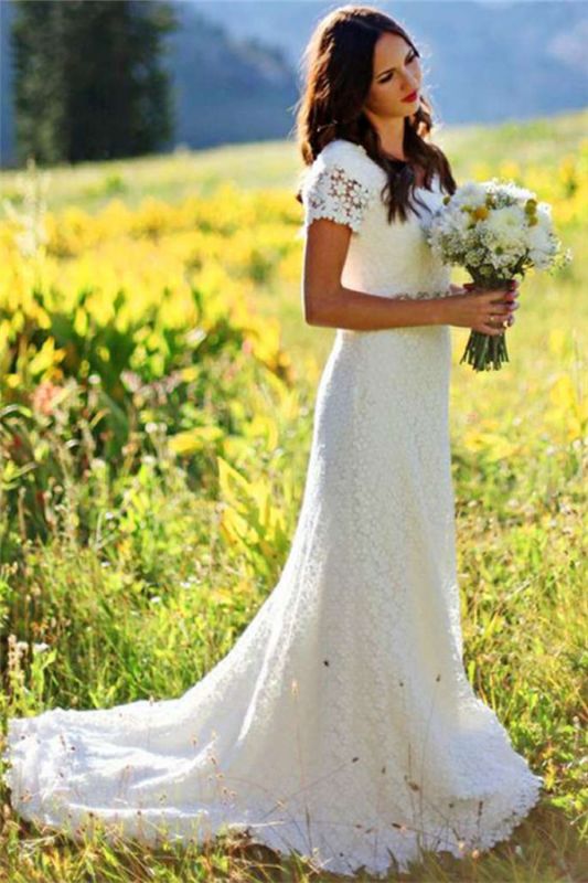 Elegant Lace Appliques Short Sleeve Sheath Wedding Dresses Cheap Online