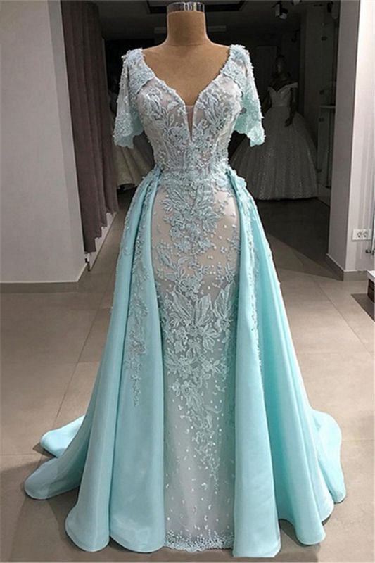 Tulle V-Neck Short-Sleeves Appliques Long Evening Dress with Pearls