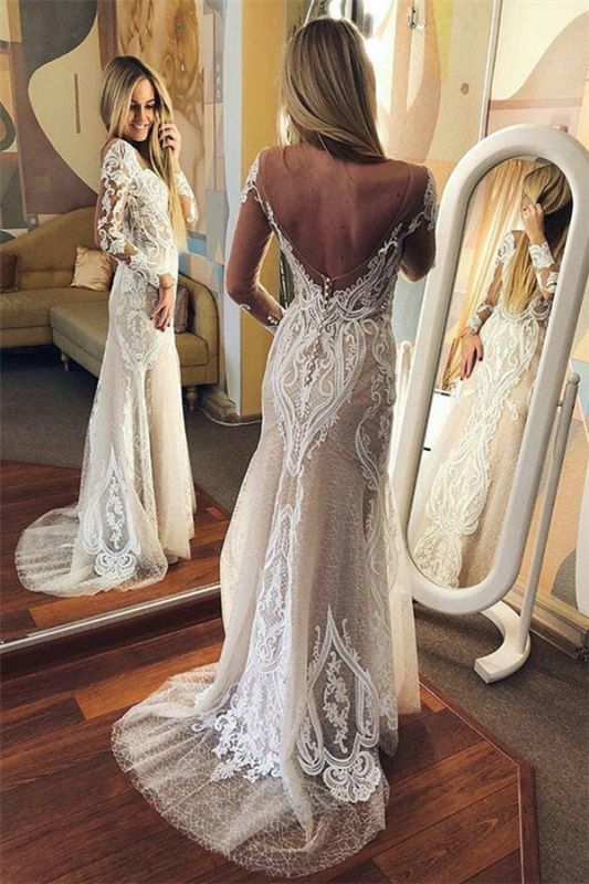 Sexy Tulle Lace Long Sleeve Open Back Wedding Dresses