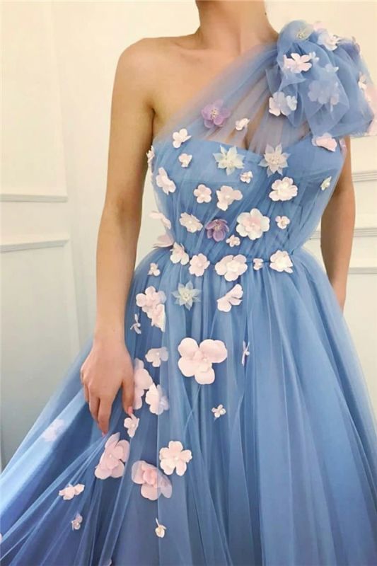 Chic Tulle One-Shoulder Flowers Long Evening Dress